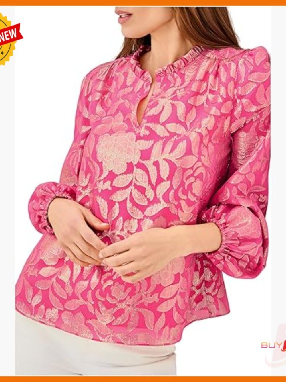 Silk Blend Long Sleeve Blouse with Ruffled Neckline and Elastic Cuffs